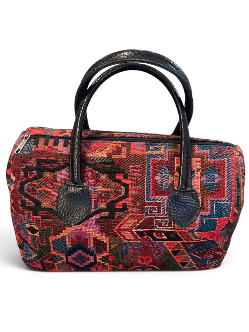 Vintage Bohemian Barrel Handbag Multicolor Woven Geometric design leather Handle